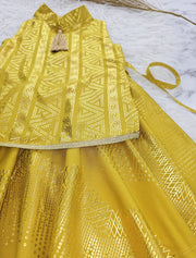 فستان بناتي رمضاني طبقتين طباعه ذهبي مع دندوشه وحزام من الخلف - 836