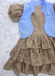 فستان بناتي صيفي كوم بف مع جليه جينز وزر كريستال - 852