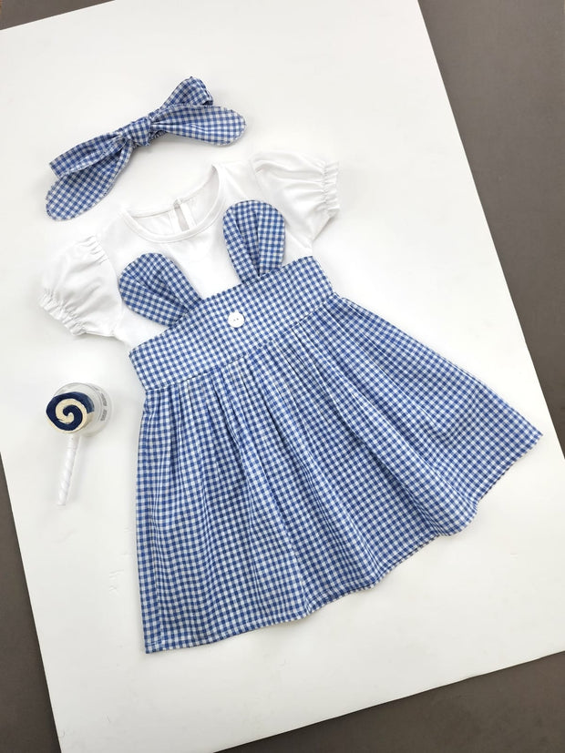فستان بناتي صيفي ارنب كارو مع ربطة -717